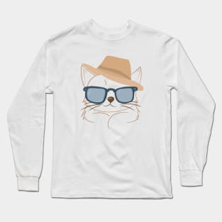 Chic Cat in Brown Hat and Blue Shades - Minimalistic Cat Art Long Sleeve T-Shirt